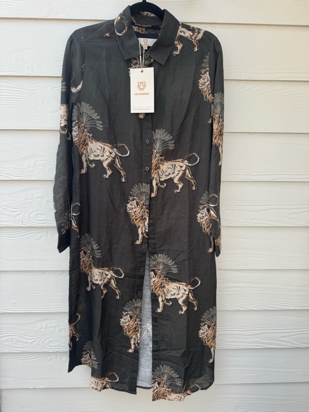 Las Sureñas NEW NWT grey Lion palms Print Long Shirt Dress LINEN COTTON Medium
